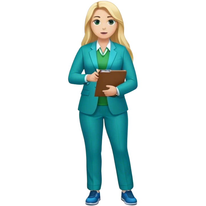Full Body white plus size female basketball head coach using a clipboard with long blonde hair in a blue and green suit emoji