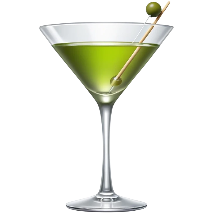 empty martini glass with just a hint of colorless liquid, showing mostly glass with very minimal liquid representation, single green olive on toothpick emoji