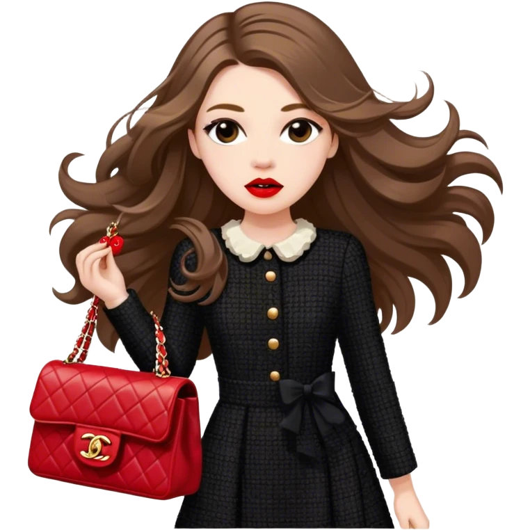 White girl with brown long hair dressed up in black chanel tweed dress with a red chanel bag and red lipstick. Close up shot with wind blowing her hair looking fancy emoji