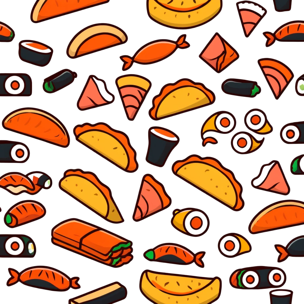 скатерть самобранка with a mix of international dishes like sushi, pizza, and tacos emoji