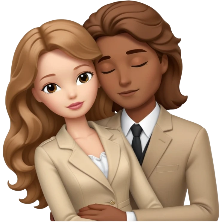 White Barbie girl Chestnut long wavy hair sleeping with In beige clothes, Hugs a man with brown hair, brown eyes and a black suit emoji