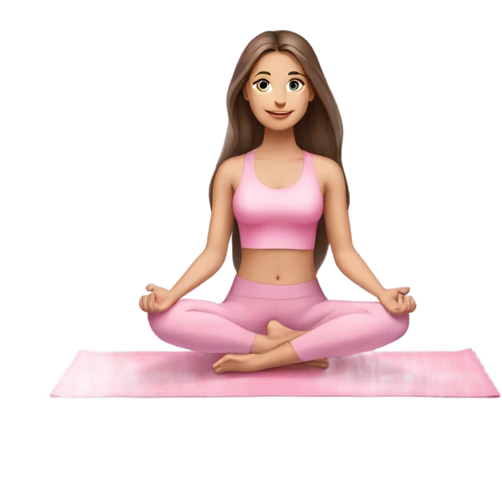 Brunette long hair and blue eyes yoga beautiful girl in light pink pink pink clothes sitting on a yoga mat emoji