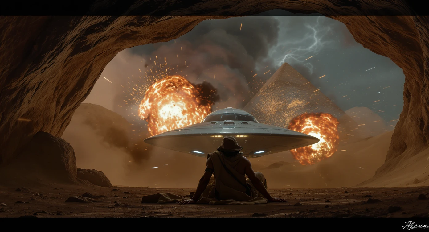 cinematic still, documentary photography, acient egypt, back shot of a man dress in ancient clothes in cave (frame in frame effect) on ground laying front of small ufo starship, explosions, palms, dynamic scane, leading lines, captured by arri alexa, depth layers, piramids in babckground emoji