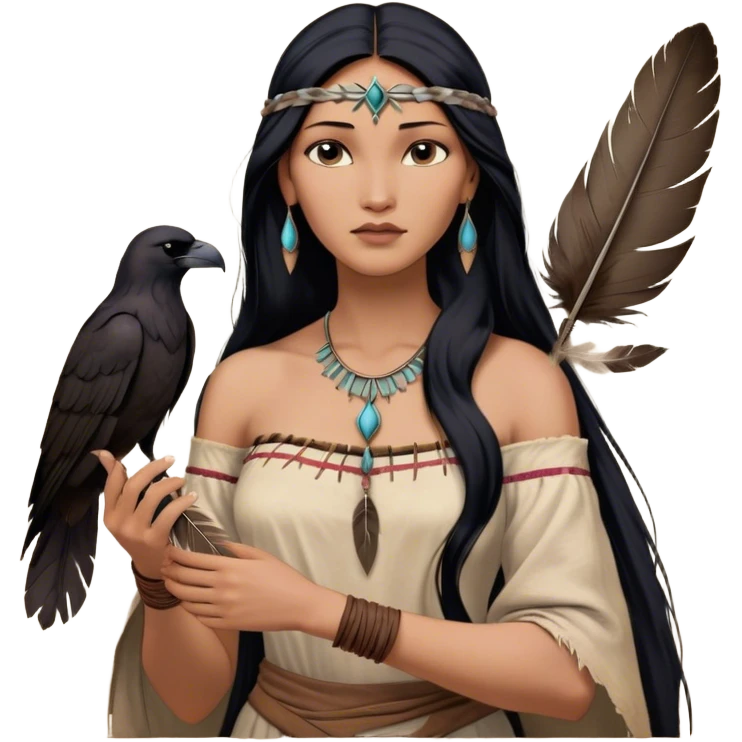 Cinematic Realistic Pocahontas Portrait, depicted with lifelike skin texture, soft natural lighting, and intricately detailed long, flowing raven-black hair that moves gracefully in the wind. Her deep, soulful dark brown eyes exude wisdom and strength, complemented by a serene yet powerful expression. She is shown gently holding a feather in one hand, her other hand resting lightly at her side, embodying the harmonious balance between nature and herself. She is dressed in her classic one-shoulder native American dress, with rich fabric textures and delicate beaded details that catch the light beautifully. The portrait features a soft, sun-kissed glow with a natural, radiant finish, capturing the essence of untamed beauty and deep connection to nature in a realistic and painterly style, evoking a sense of depth and authenticity. emoji