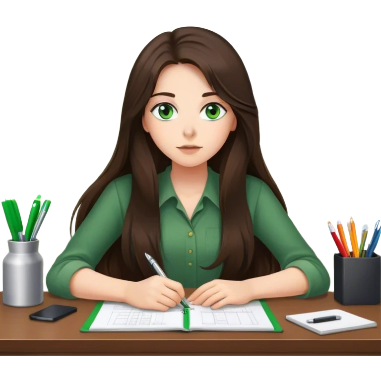 long haired brunette girl with green eyes working at a desk with wall clock displaying 6pm emoji