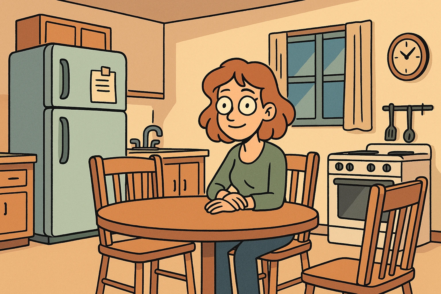 kitchen room with refrigerator, table, and chairs in a cozy cartoon style emoji