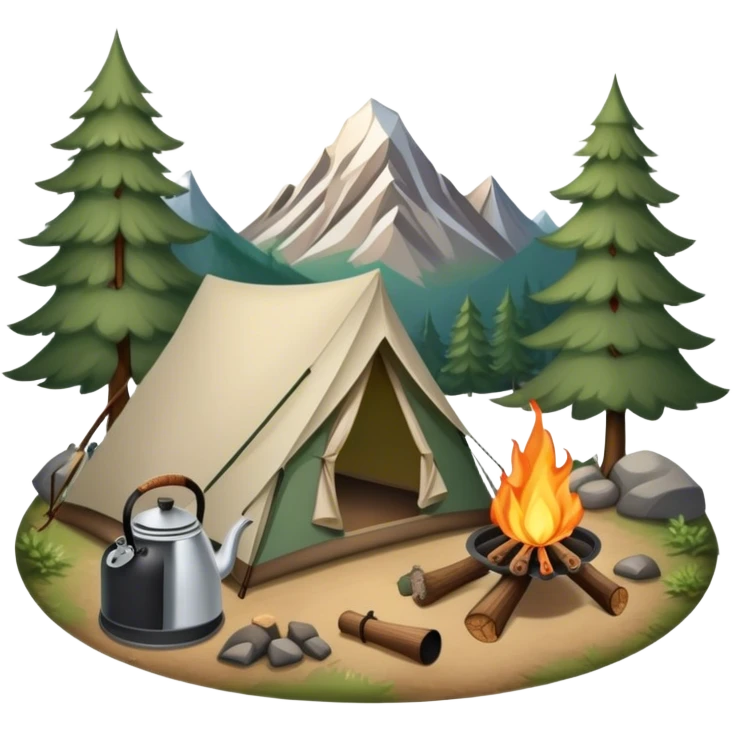Icon for Hiking: a tent, and a kettle over a campfire, surrounded by trees and a mountain trail, a backpack, a walking stick. The icon should capture the adventure and warmth of camping. Transparent background. emoji