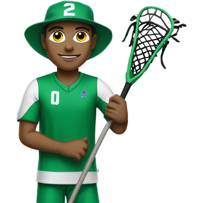 No glasses and mountain in Jersey coach with Green and white clothing hat with  lacrosse coach with stick  emoji
