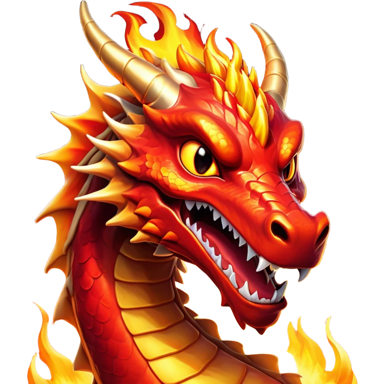 Cinematic Comical Fierce Fire Dragon Portrait Emoji, Head tilted dramatically with an exaggeratedly amused expression, featuring a striking, flame-draped body with bold, blazing scales in intense red and molten gold, and eyes twinkling with fiery mischief; rendered with vivid, lifelike textures and dynamic, flickering shadows, high shine, dramatic yet playful, styled with an air of cheeky volcanic mischief, soft glowing outline, capturing the essence of a spirited and over‐the‐top inferno that looks ready to burst into a cascade of playful embers! emoji