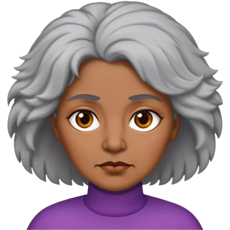 "- Nữ
- 50 tuổi
- Da nâu
- Tóc bồng bềnh, tóc bạc
- Mặt nghiêm túc, mũm mĩm
" emoji