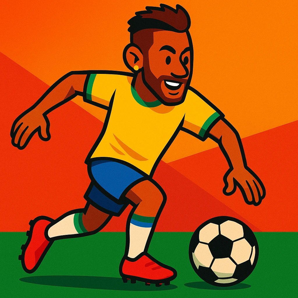 Neymar, famous Brazilian footballer, dribbling a soccer ball, cartoon style, vibrant colors emoji