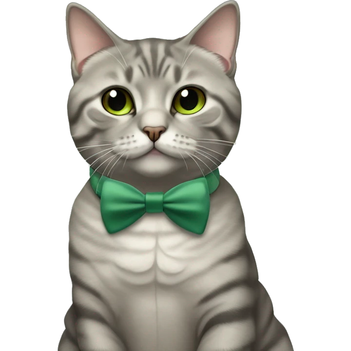 Aesthetic fat grey tabby British short hair full body cat with sage green bow tie emoji