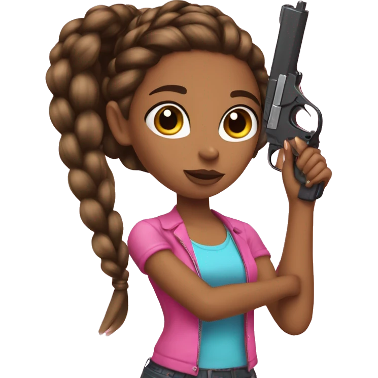 Braid hair brown Girl hand pink nails holding pink gun emoji