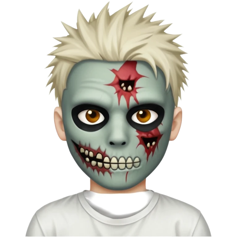 zombie boy with spiky emo hair and white shirt emoji and 

He wears an anonymous mask on half his face and has wounds on the other half. emoji