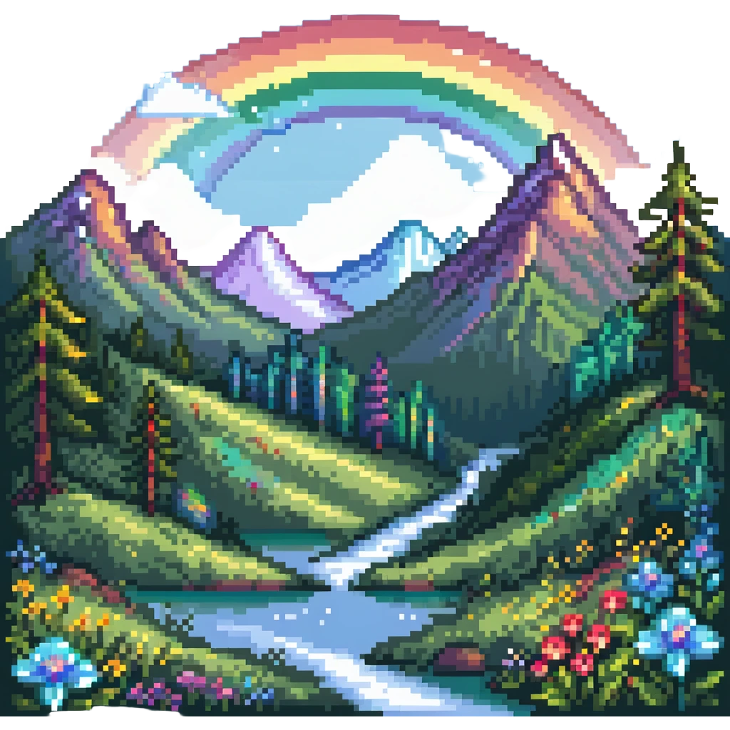 Enchanted meadow with rainbow and crystal mountains emoji