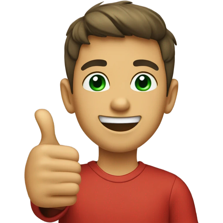 smiling boy in red shirt with thumbs up and green eyes emoji