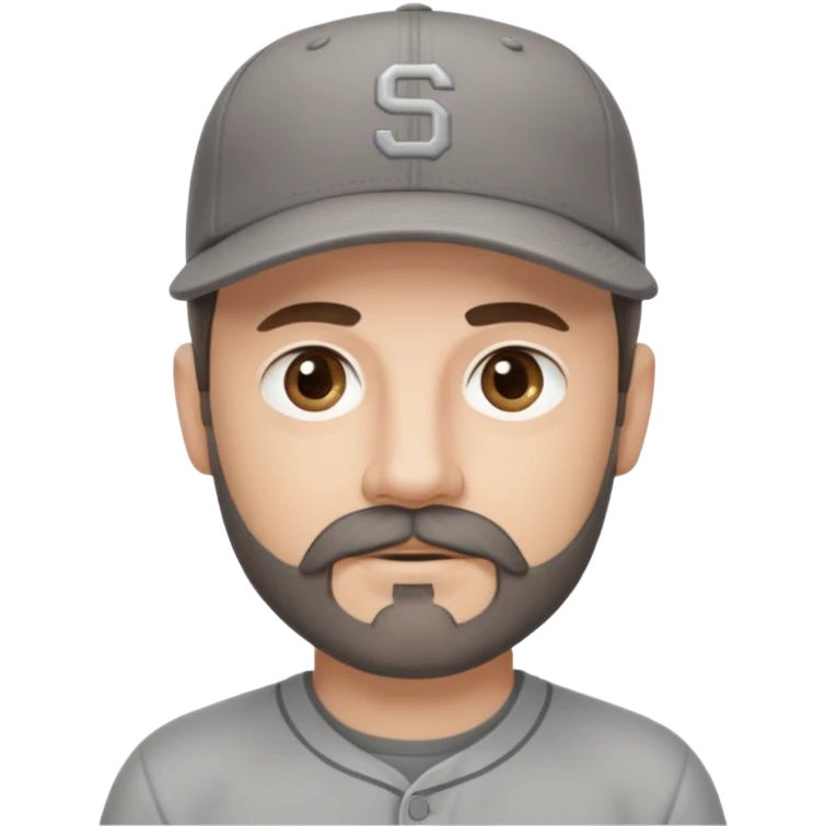 white male with dark brown goatee beard and moustache with grey tones wearing a grey baseball cap back to front with hazel eyes emoji