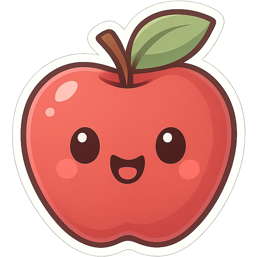 chibi sticker-style apple with a smiling face, cute and exaggerated emoji