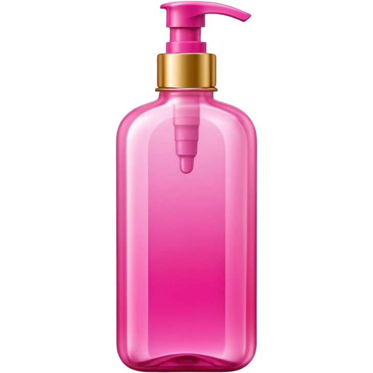 A tall, translucent bottle in a vibrant pink shade with a glossy finish. It has a rectangular shape with rounded edges and a thick base. The pump-style cap is metallic pink. In the center, there are curved graphic elements and vertical lines, with text in white and gold. emoji