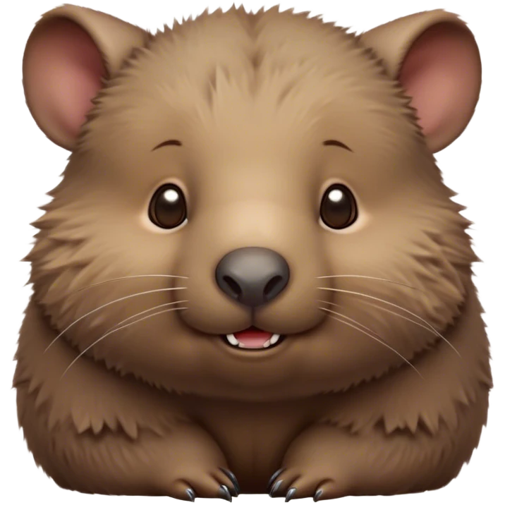 Cinematic Cute Wombat Portrait Emoji, Head tilted playfully and inquisitively, featuring a fluffy, shaggy brown fur with a round, endearing face and twinkling eyes full of gentle curiosity, Simplified yet irresistibly adorable features, highly detailed, glowing with a warm, friendly glow, high shine, affectionate and chubby, stylized with a touch of bushland whimsy, bright and endearing, soft glowing outline, capturing the essence of a mischievous yet loving wombat, so playful it feels like it could trundle out of the screen into your arms! emoji