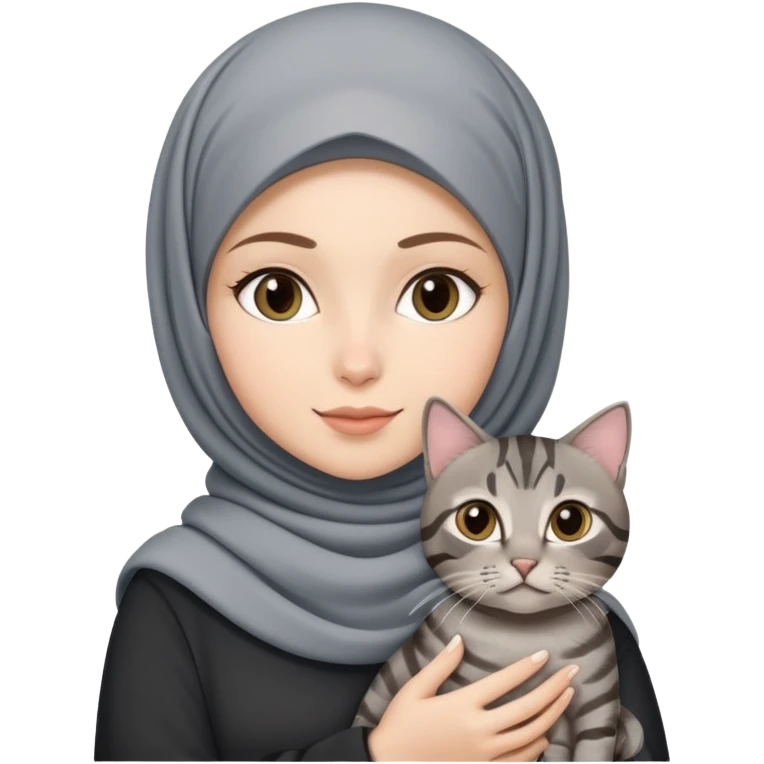 White girl wearing hijab holding a black grey tabby cat emoji