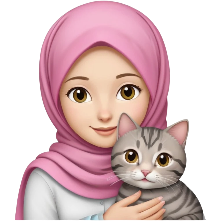 White girl wearing pink hijab with white shirt smiling while holding a black grey tabby cat emoji