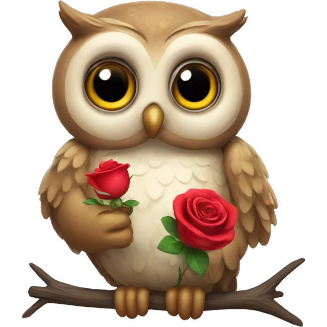 owl holding a rose with heart eyes emoji