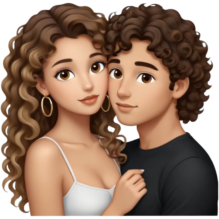 cute girl long brunette balayage curly/wavy not voluminous hair, brown eyes, hoop earrings, natural pretty clean makeup: kissing on the cheek a cute guy with blondish/brown hair and brown eyes taller than her emoji