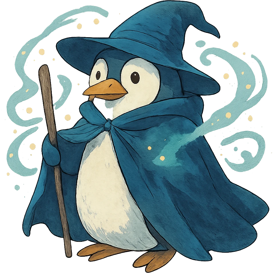 penguin wizard with a flowing cloak and magical aura emoji