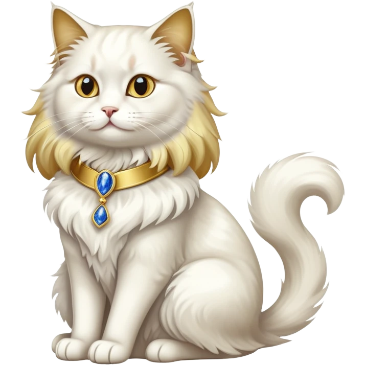 Fancy white fluffy long-haired sophisticated elegant sitting pet cat with a gold-sapphire collar (full body)  emoji