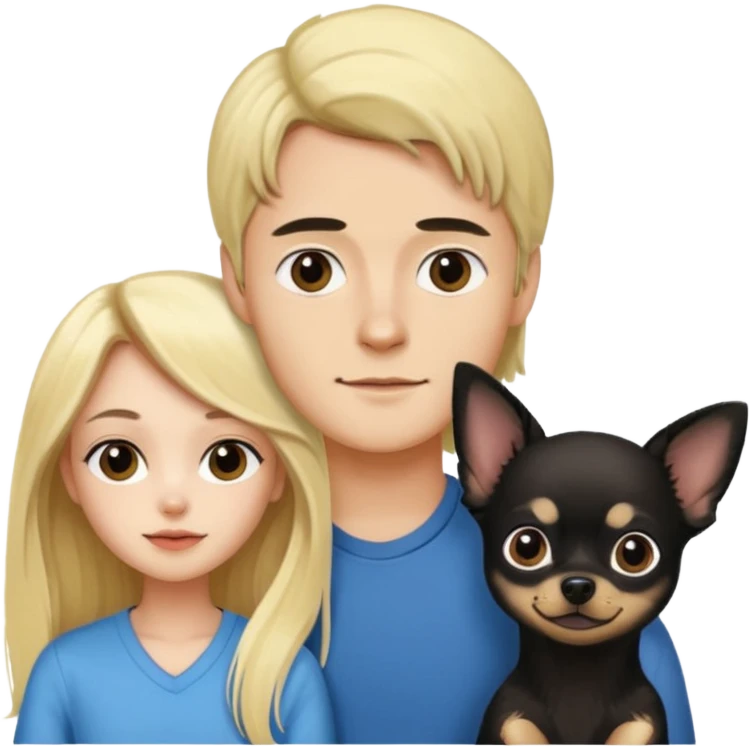  Pareja Chico pelo largo rubio. Chica pelo negro y chihuahua negro  emoji