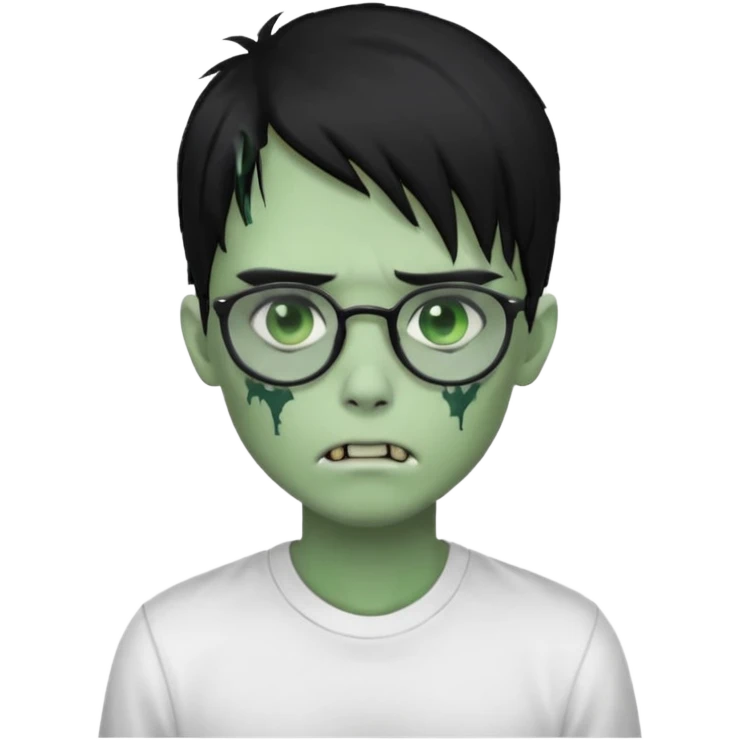 zombie boy with long black emo hair, glasses, white shirt, green skin emoji