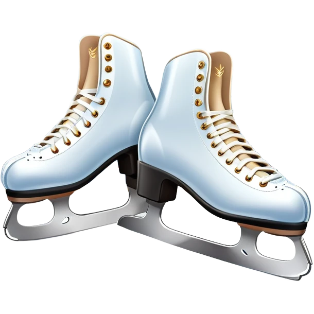 An icon showing a pair of elegant figure skates placed on the smooth, sparkling ice of a grand ice arena. The rink is surrounded by cheering spectators and soft arena lights, creating a beautiful, dynamic atmosphere. Transparent background highlights the grace and beauty of figure skating. emoji