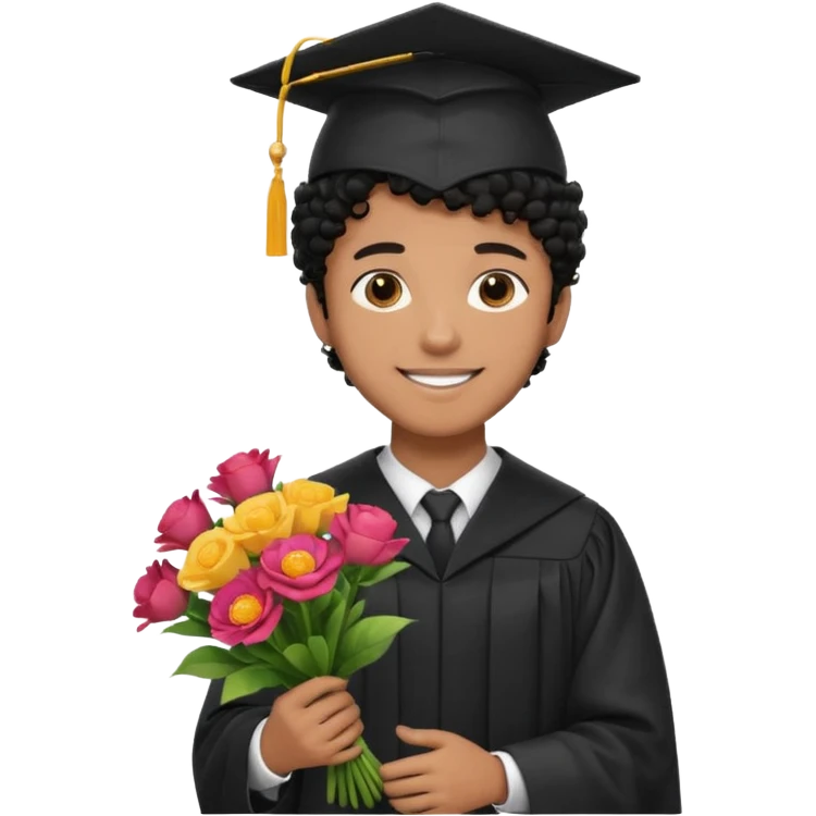 Graduated Students, Male,  brown skin, black curly hair, wearing graduation cap, holding bouquet of flowers
 emoji