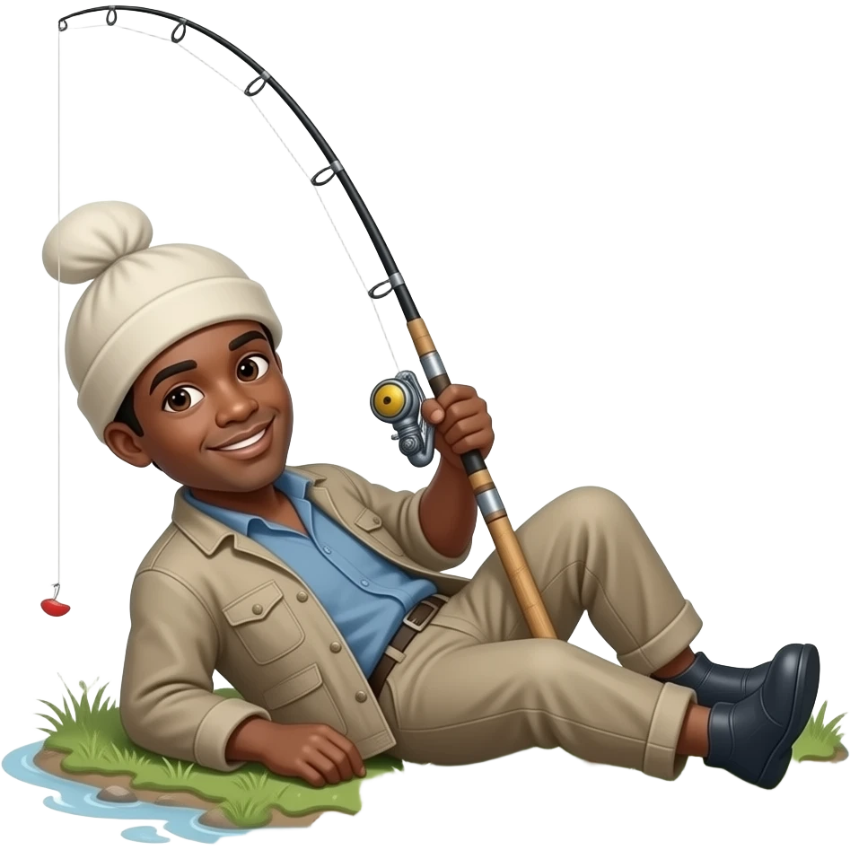 a black skinned fishermen laying on the ground with a fishing pole emoji