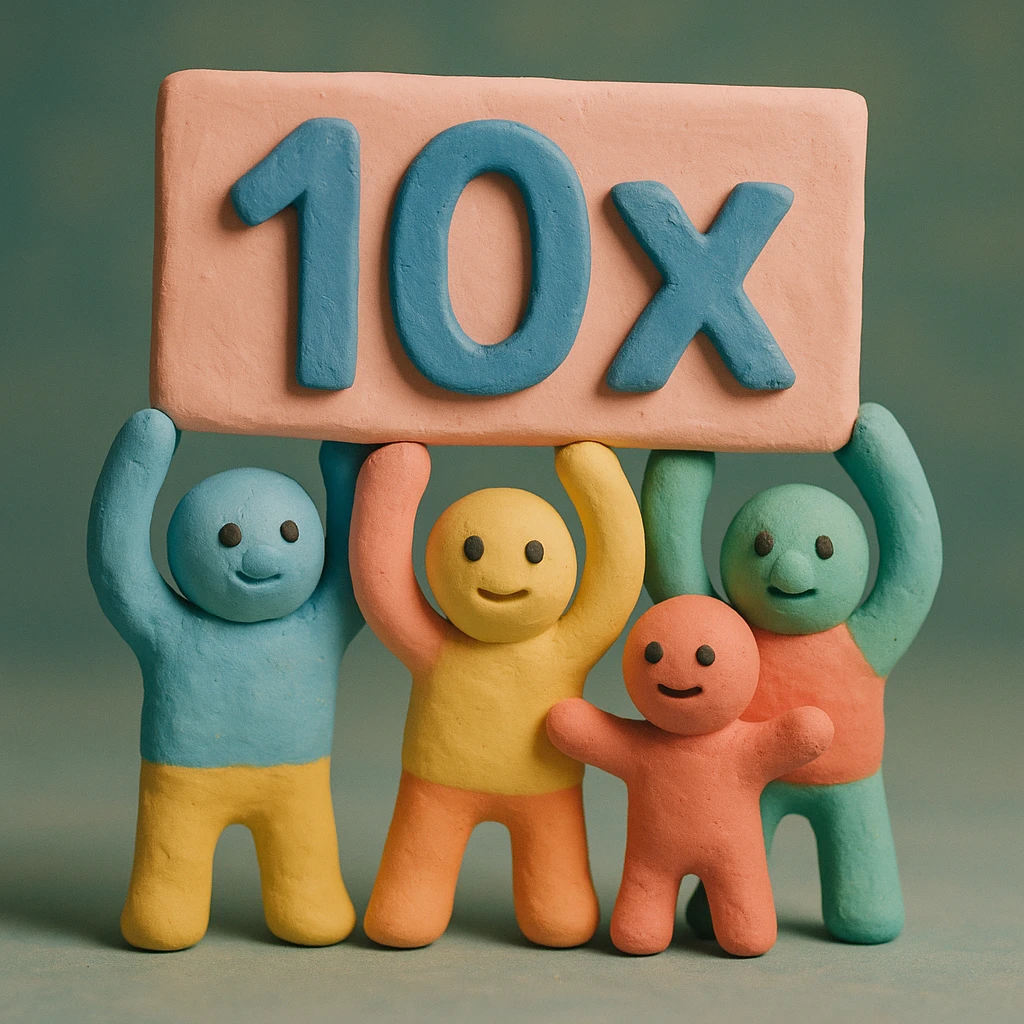 group of figures holding up a '10x' sign, playful, pastel colors emoji
