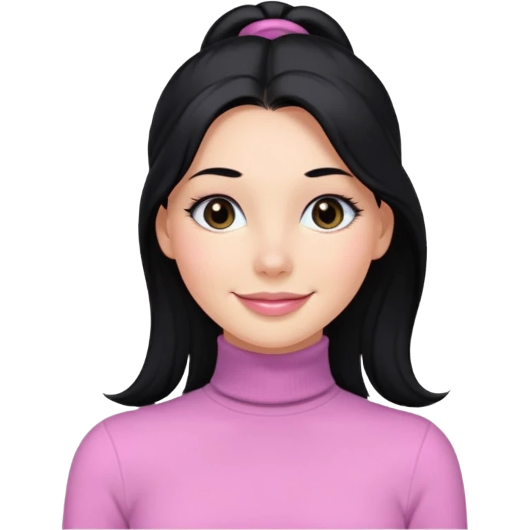 a woman with long sleeve turtle neck top and smile, her hair is long black one pony tail, her eyes color are black and the color of her lip is soft pink emoji