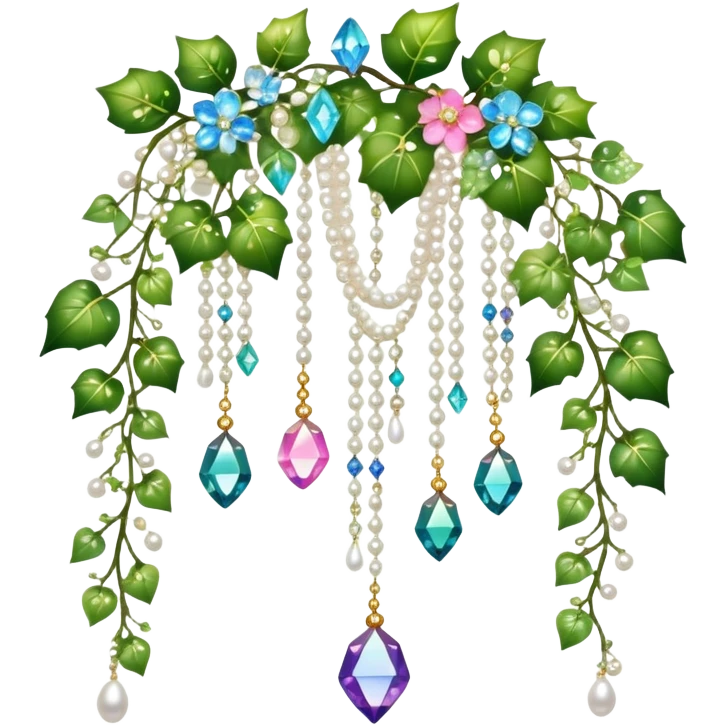 Exotic romantic Few cute tiny Iridescent glistening glossy sparkly shiny glittery hanging crystals pearls and beads and gemstones scenery scenic decorations with ivy and flowers emoji
