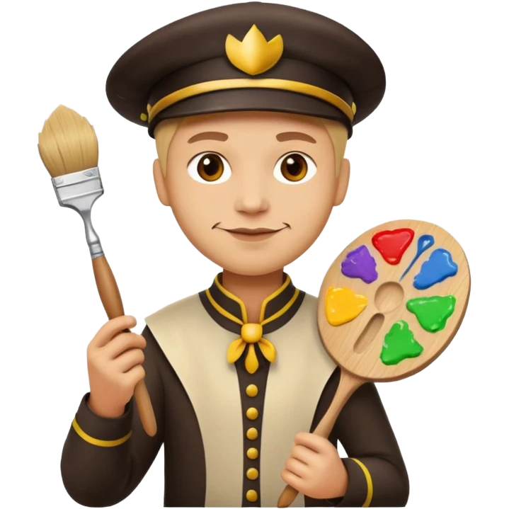 a chief of creative character, professional yet imaginative, holding a paintbrush and palette, original Apple emoji style emoji