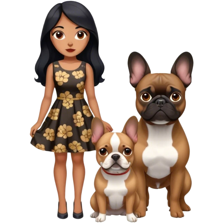 latin woman in a dress with long black hair standing alongside two French bulldogs  emoji