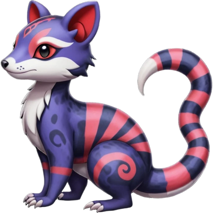 Rare warm-colored exotic gloomy tropical edgy cute epic aesthetic spooky indigo violet white black red gothic colorful Salandit-Furret-Civet-species-Fakemon-hybrid-creature, with tribal tattoo markings, full body emoji