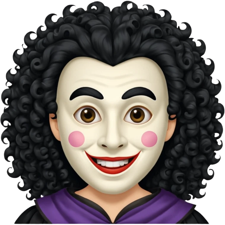 generate theatre mask emoji with a big curly black hair 

wide black smile, long and pointy white nose emoji