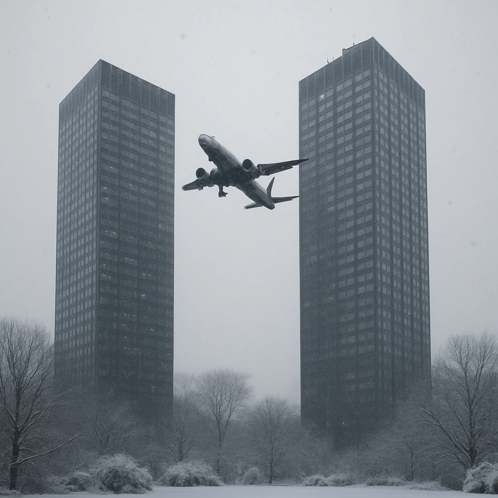two skyscrapers and a plane that flyes to them, realism style, winter emoji
