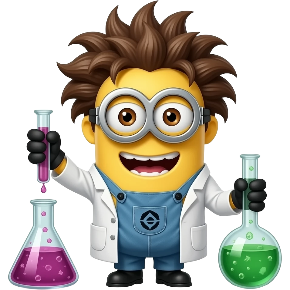 evil scientist minion in lab coat with wild hair mixing potions emoji