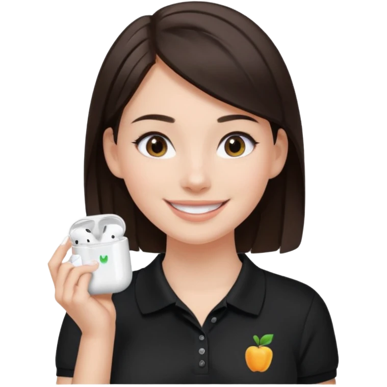 Girl with dark brown hair with airpods wearing a black wegmans grocery store polo emoji