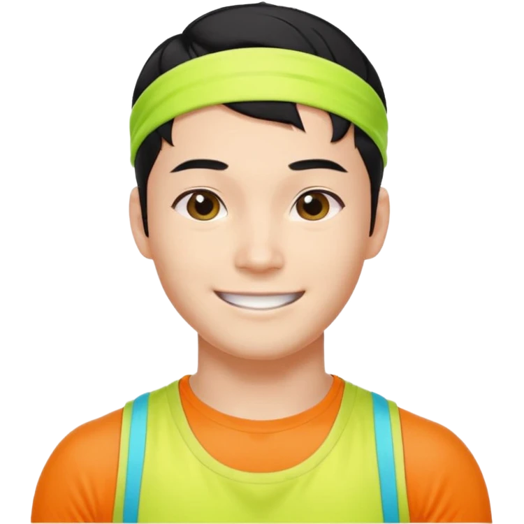 Korean 27-year-old male health coach / Wearing fluorescent colors / White face / Hairband / Smiling expression / Short black hair / Muscular body emoji