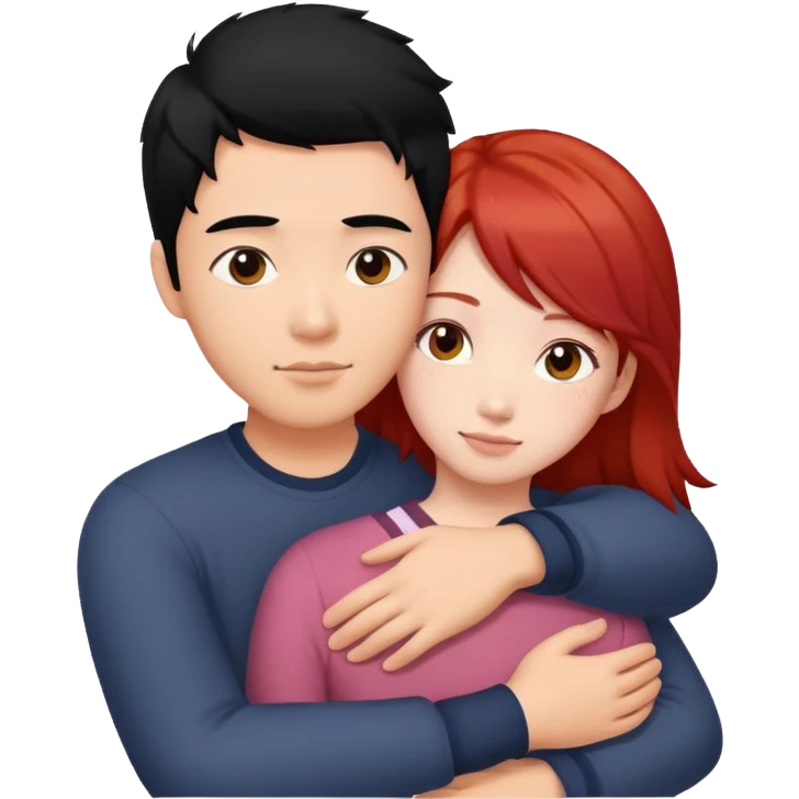 asian guy with long black hair hugging natural red haired girl emoji