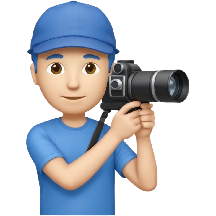 3D emoji-style icon of a photographer in side profile, wearing a blue cap backwards and a blue t-shirt, holding a professional camera with a long telephoto lens emoji