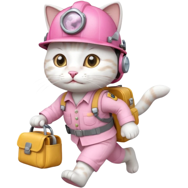 A cute white and pink cat dressed as engineer with a white helmet running fast carrying her cute bag emoji