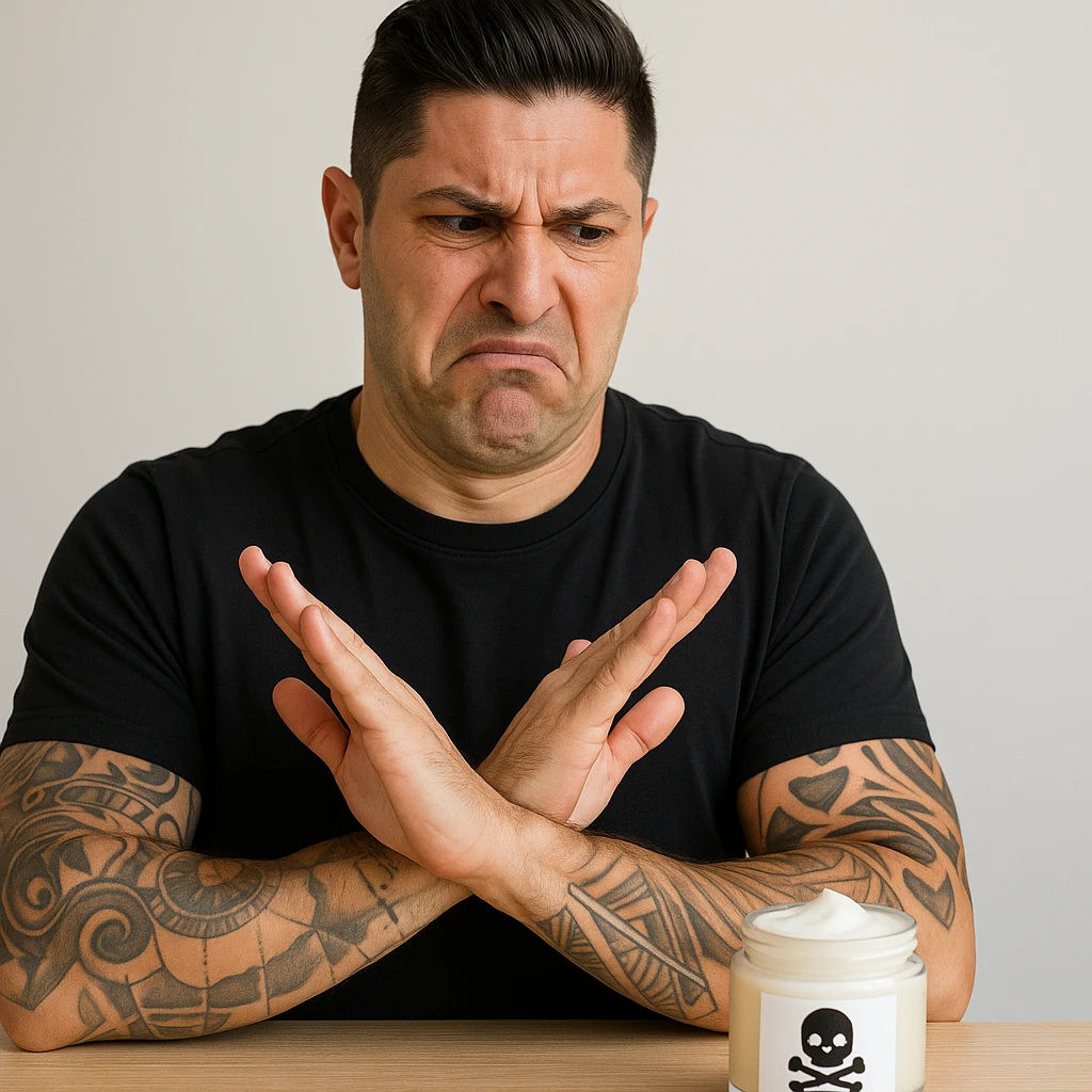 Create a realistic scene featuring a man with facial features similar to the person in the reference photo. The man is making a clear 'NO' gesture or looking disgusted at a face cream jar placed in front of him. The cream jar is visually marked as toxic or poisonous, for example with a skull symbol or warning label. The man's expression is wary and rejecting. The overall tone should be educational and respectful. emoji